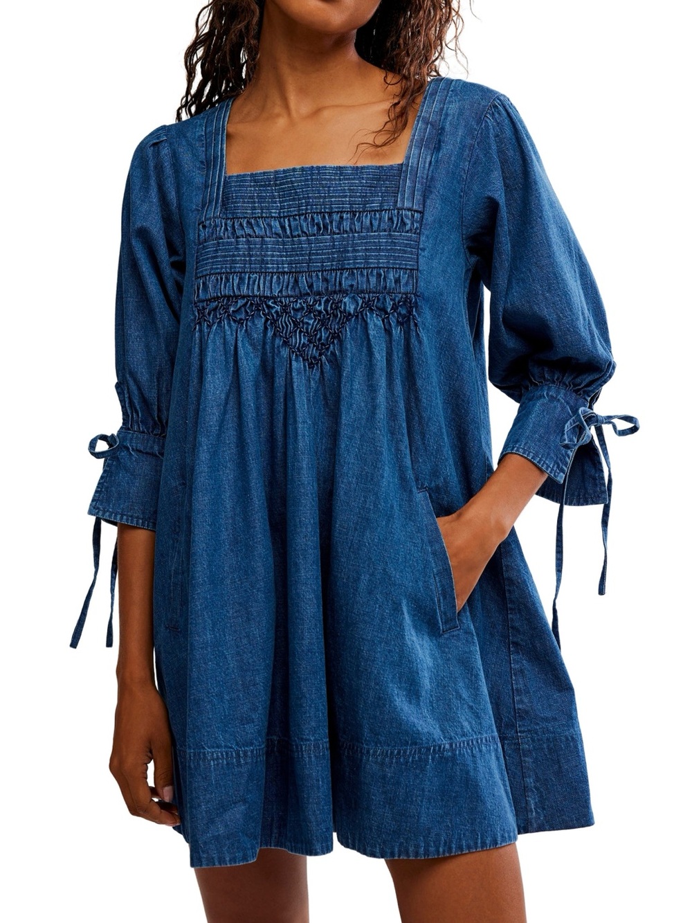 Free People Indigo Smocked Square-Neck Denim Mini Dress